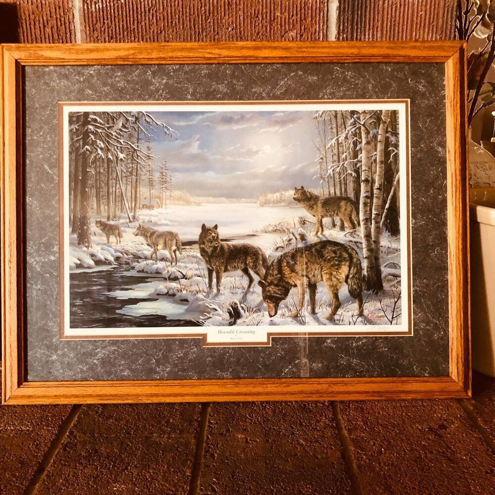 Framed Mary Pettis "Monnlit Crossong" Wolf Art Print-Hand Signed Size 29"x 22.5"